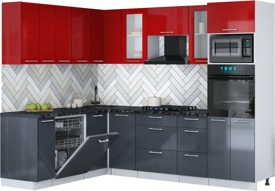 Кухонный гарнитур Interline Мила Gloss 1.896х2.58 (асфальт глянец/красный глянец/кастилло темный)