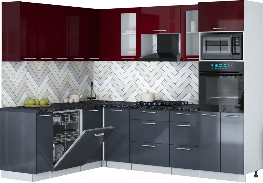 Кухонный гарнитур Interline Мила Gloss 1.896х2.58 (асфальт глянец/бордовый глянец/кастилло темный)