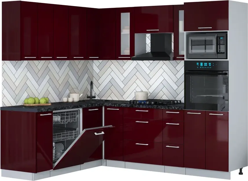 Кухонный гарнитур Interline Мила Gloss 1.896х2.38 (бордовый глянец/бордовый глянец/кастилло темный)