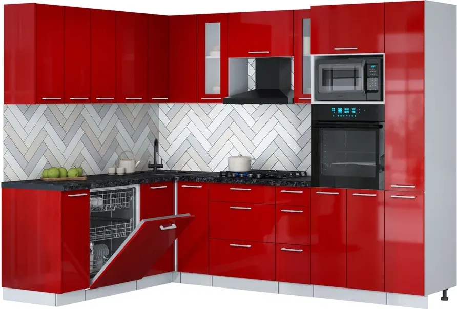 Кухонный гарнитур Interline Мила Gloss 1.896х2.68 (красный глянец/красный глянец/кастилло темный)