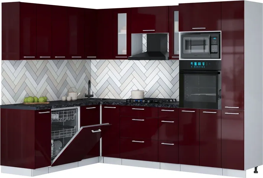 Кухонный гарнитур Interline Мила Gloss 1.896х2.68 (бордовый глянец/бордовый глянец/кастилло темный)