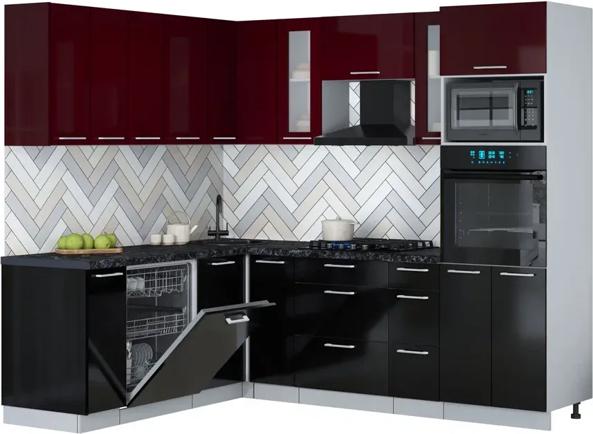 Кухонный гарнитур Interline Мила Gloss 1.896х2.38 (черный глянец/бордовый глянец/кастилло темный)