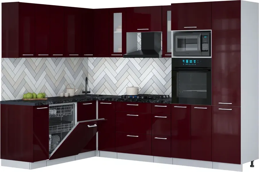 Кухонный гарнитур Interline Мила Gloss 1.896х2.78 (бордовый глянец/бордовый глянец/кастилло темный)
