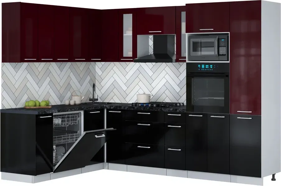 Кухонный гарнитур Interline Мила Gloss 1.896х2.78 (черный глянец/бордовый глянец/кастилло темный)