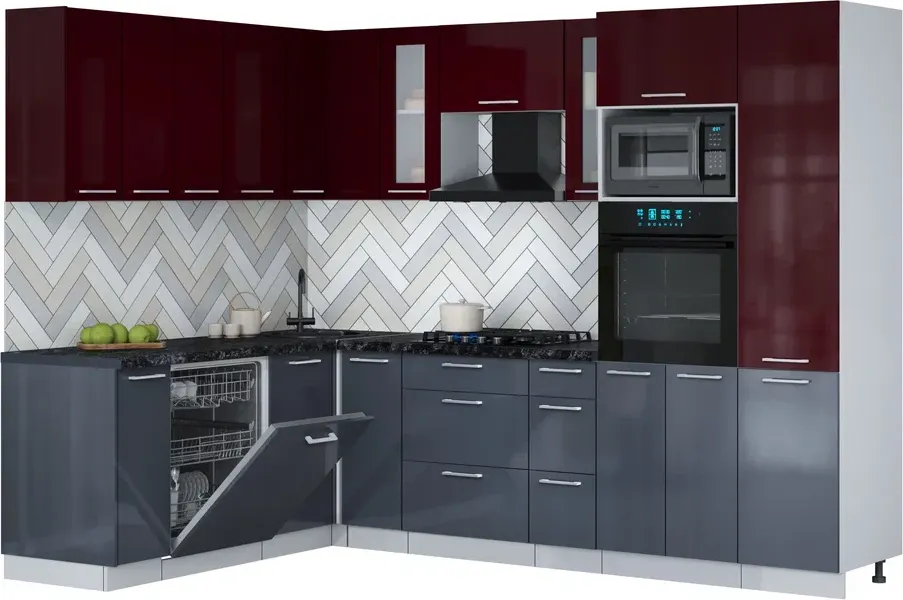 Кухонный гарнитур Interline Мила Gloss 1.896х2.78 (асфальт глянец/бордовый глянец/кастилло темный)