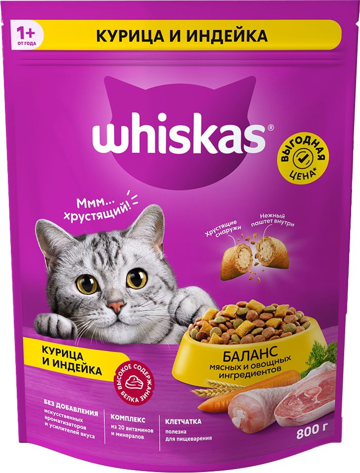 Сухой корм для кошек Whiskas Вкусные подушечки с нежным паштетом. Аппетитное ассорти (0.8кг)
