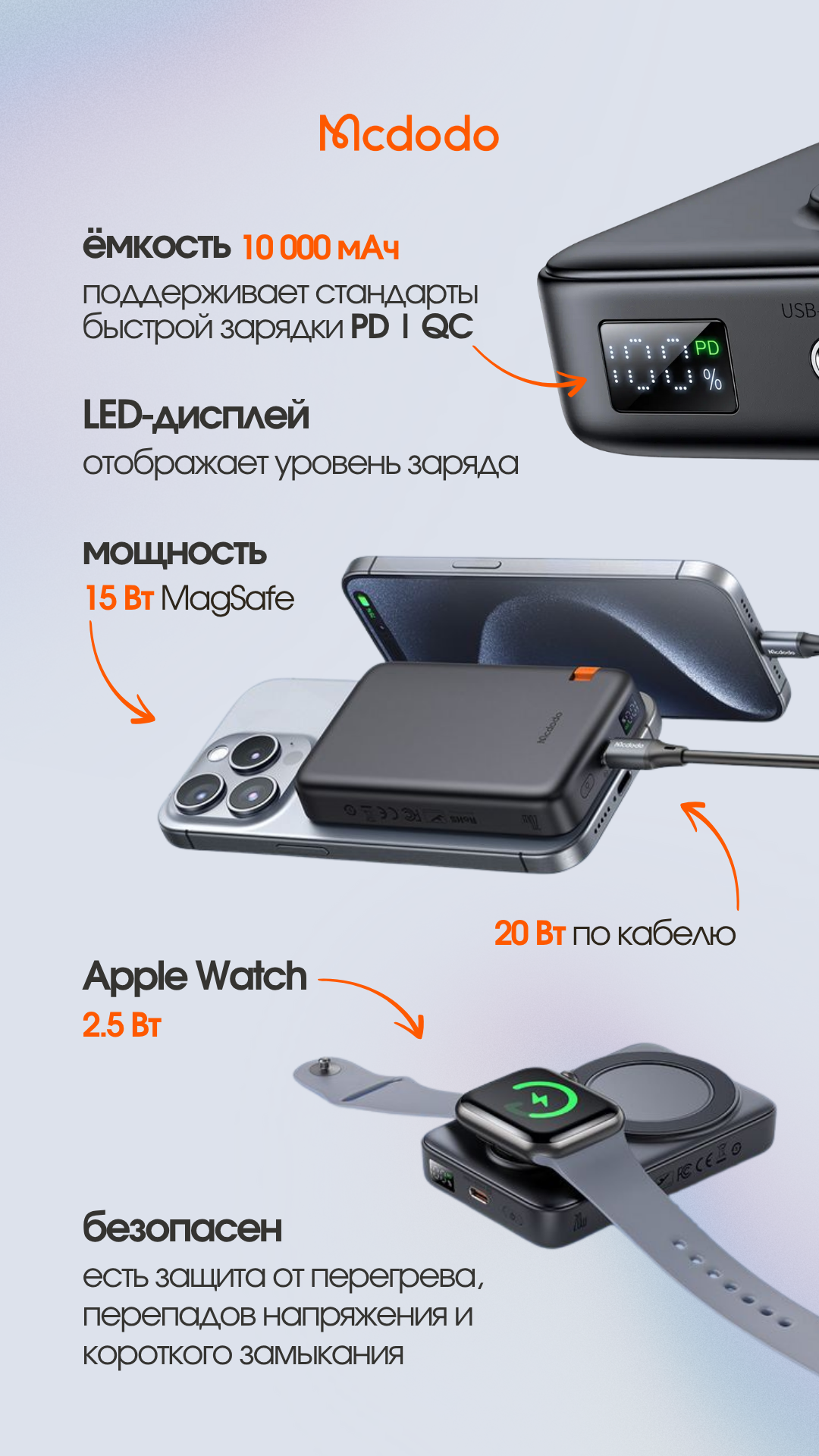 Портативное зарядное устройство McDodo MC-1461 Magnetic+Apple Watch Wireless Charging 10000mAh 20W (черный) — фото 4