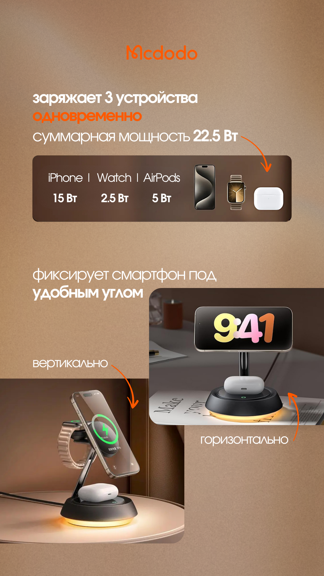 Зарядное устройство беспроводное McDodo CH-4952 с ночником 15W (черный) — фото 4
