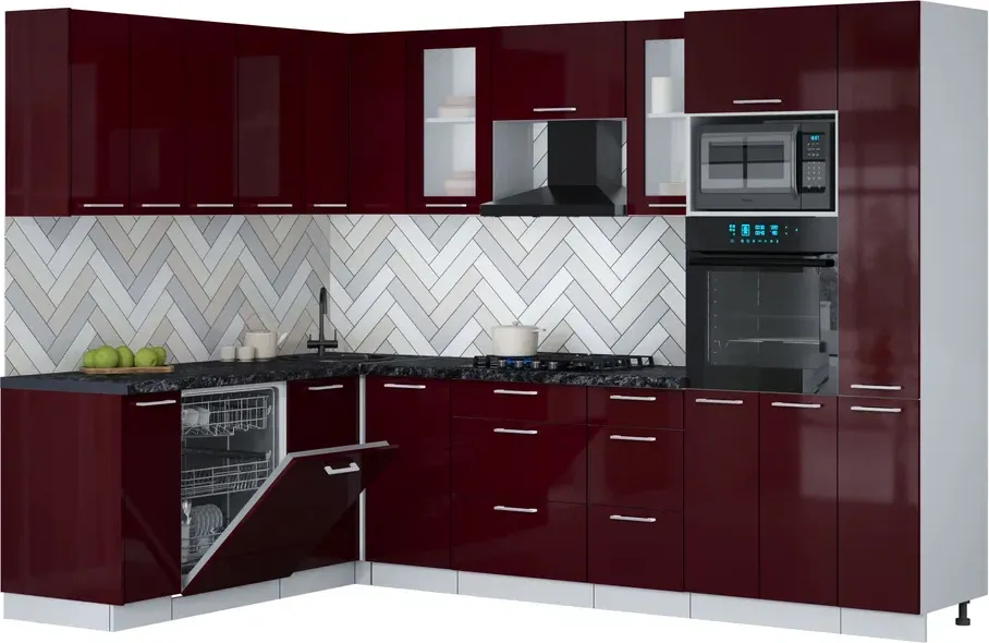 Кухонный гарнитур Interline Мила Gloss 1.896х2.88 (бордовый глянец/бордовый глянец/кастилло темный)