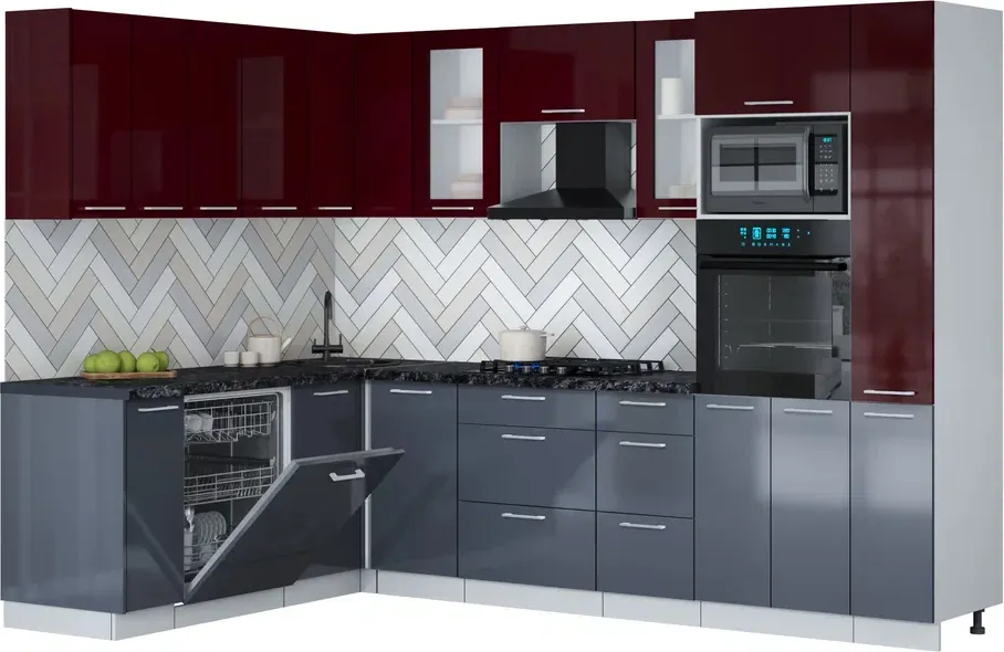Кухонный гарнитур Interline Мила Gloss 1.896х2.88 (асфальт глянец/бордовый глянец/кастилло темный)