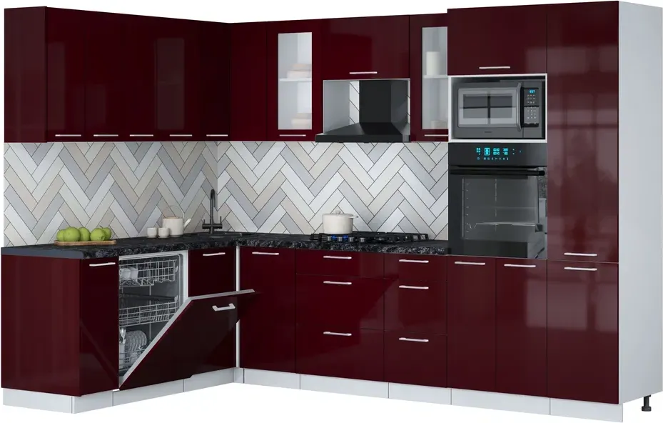 Кухонный гарнитур Interline Мила Gloss 1.896х2.98 (бордовый глянец/бордовый глянец/кастилло темный)