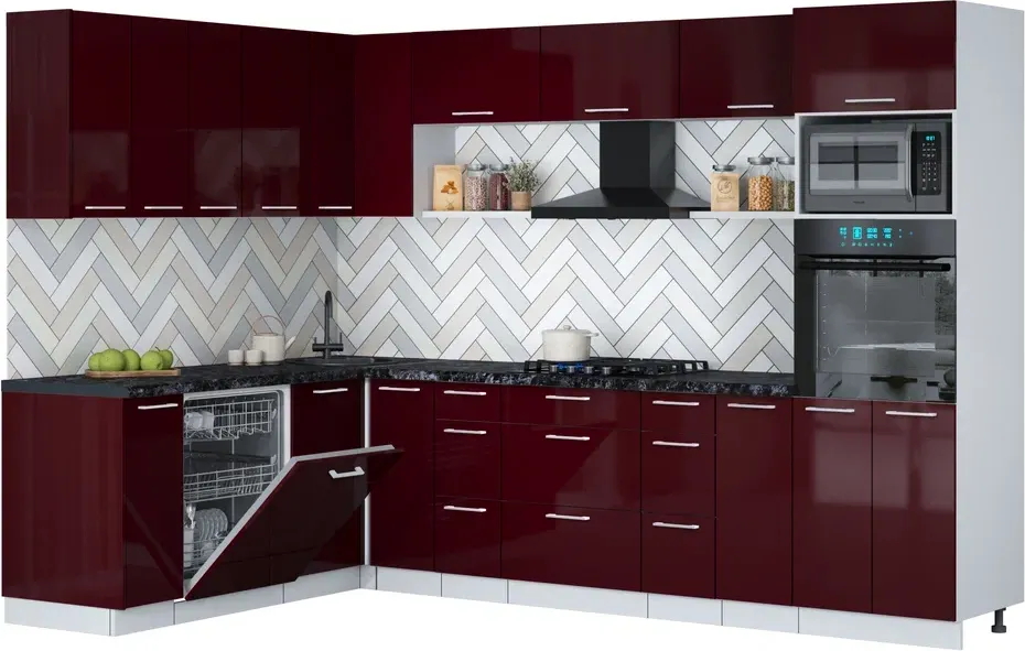Кухонный гарнитур Interline Мила Gloss 1.896х2.98-2 (бордовый глянец/бордовый глянец/кастилло темный)