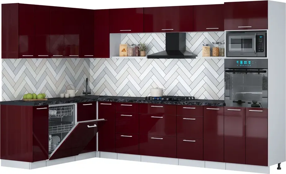 Кухонный гарнитур Interline Мила Gloss 1.896х3.18 (бордовый глянец/бордовый глянец/кастилло темный)