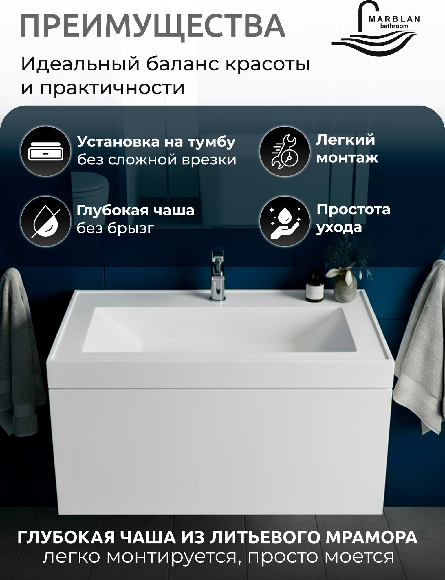 Умывальник Marblan Titan80 (белый глянцевый, без сифона) — фото 6
