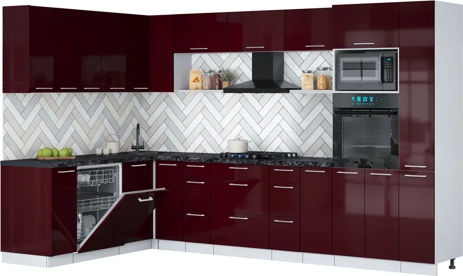 Кухонный гарнитур Interline Мила Gloss 1.896х3.28 (бордовый глянец/бордовый глянец/кастилло темный)