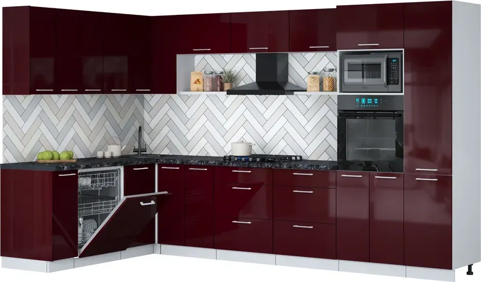 Кухонный гарнитур Interline Мила Gloss 1.896х3.38 (бордовый глянец/бордовый глянец/кастилло темный)