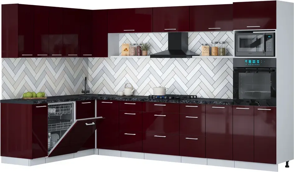 Кухонный гарнитур Interline Мила Gloss 1.896х3.38-2 (бордовый глянец/бордовый глянец/кастилло темный)