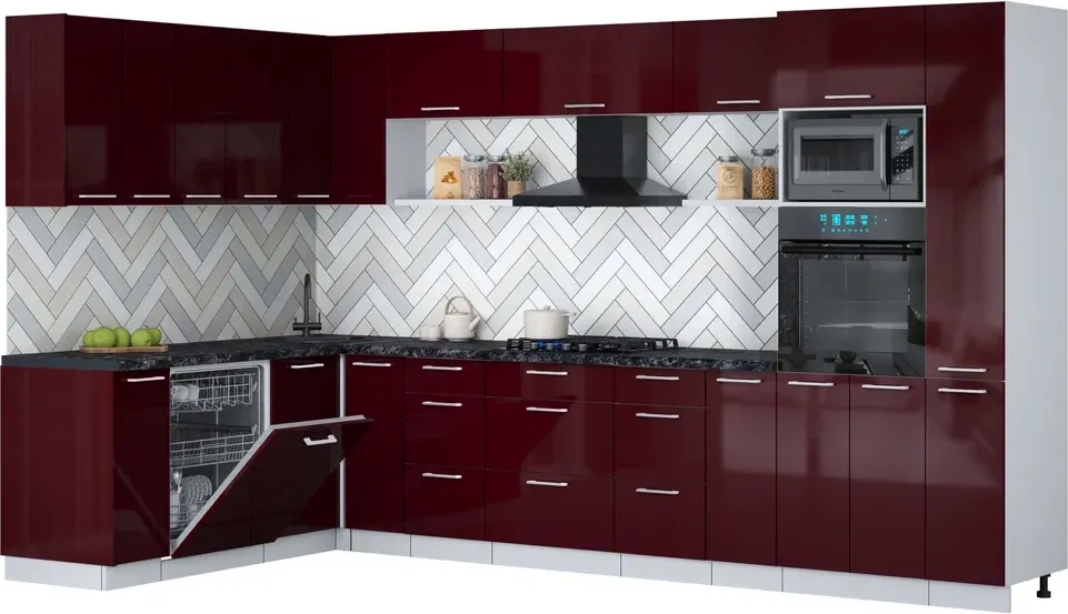 Кухонный гарнитур Interline Мила Gloss 1.896х3.48 (бордовый глянец/бордовый глянец/кастилло темный)