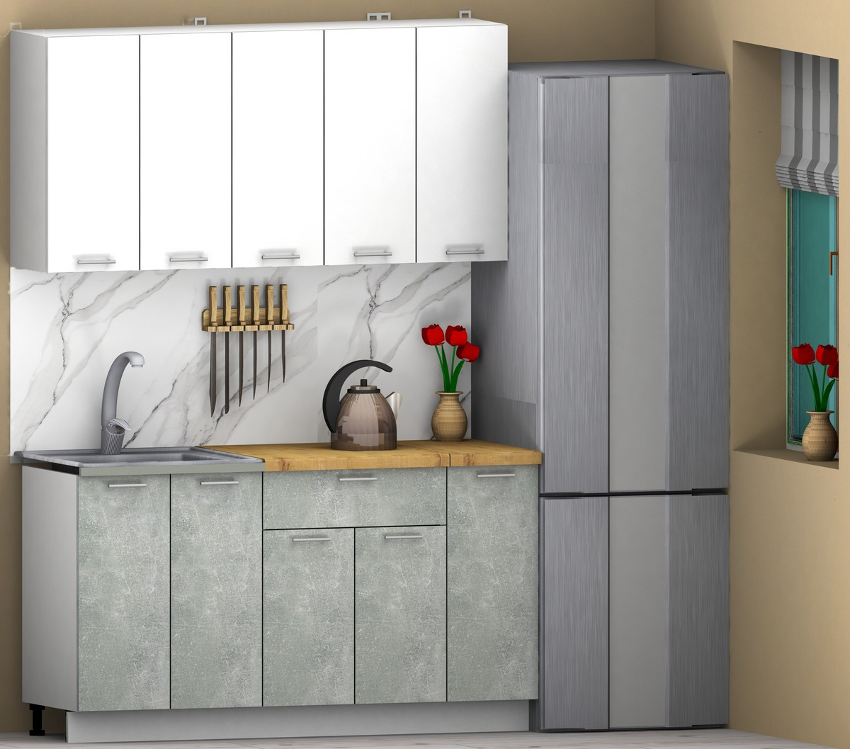 Кухонный гарнитур Eligard Lion 1.5 (белый/бетон/дуб бунрати) — фото 2
