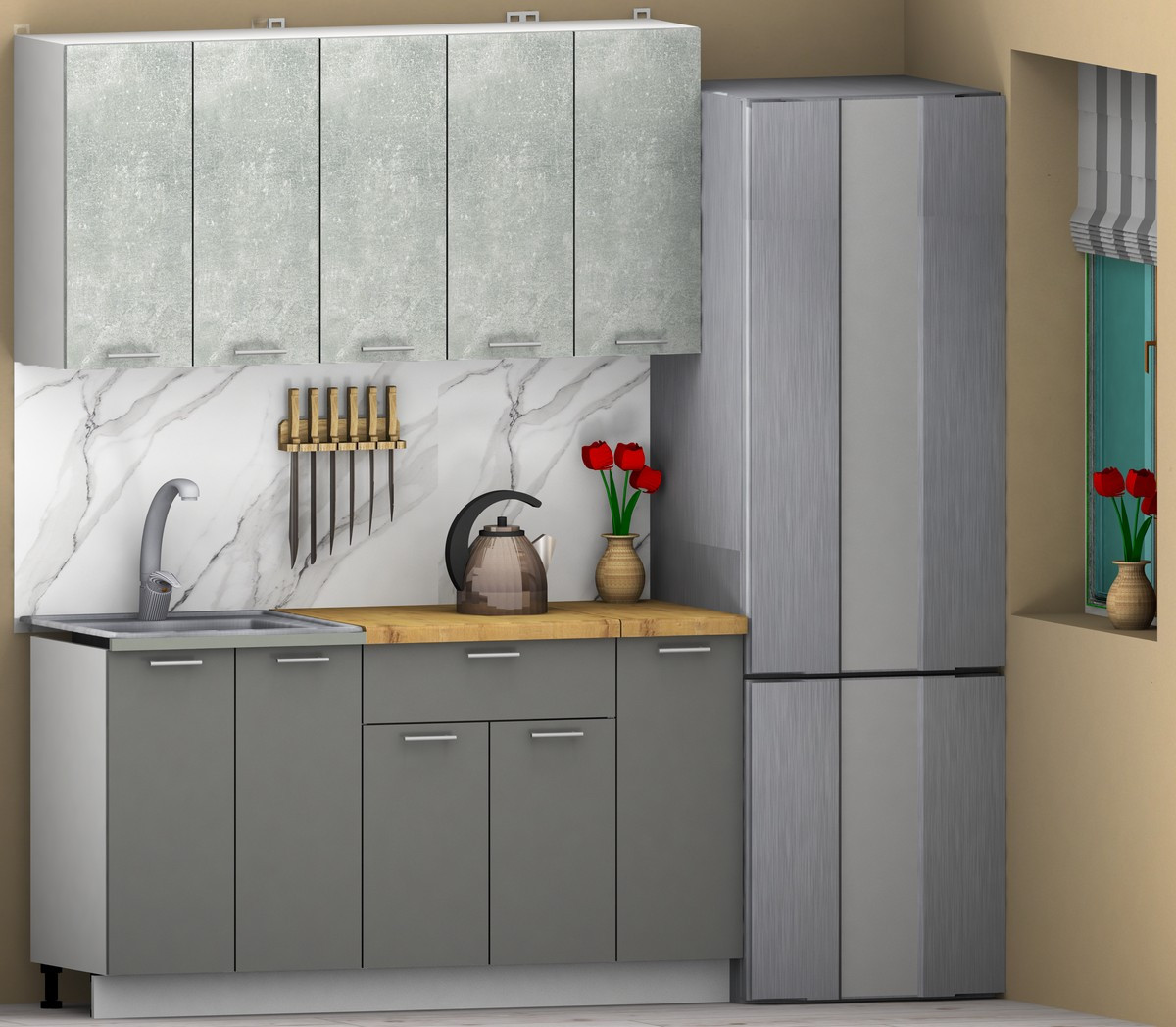 Кухонный гарнитур Eligard Lion 1.5 (бетон/дымчатый алмаз/дуб бунрати) — фото 2