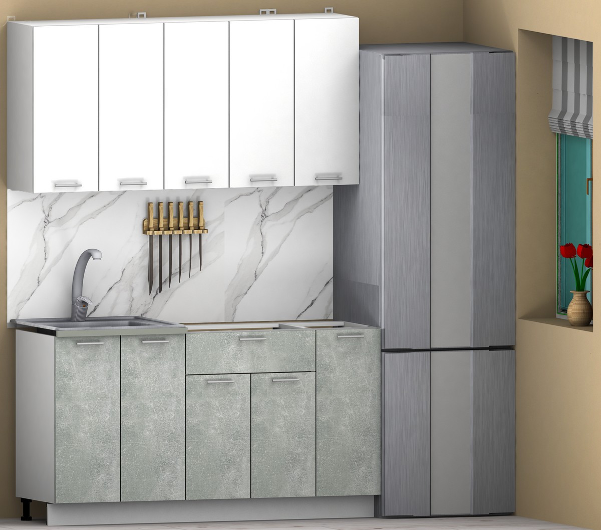 Кухонный гарнитур Eligard Lion 1.5 без столешницы (белый/бетон) — фото 2