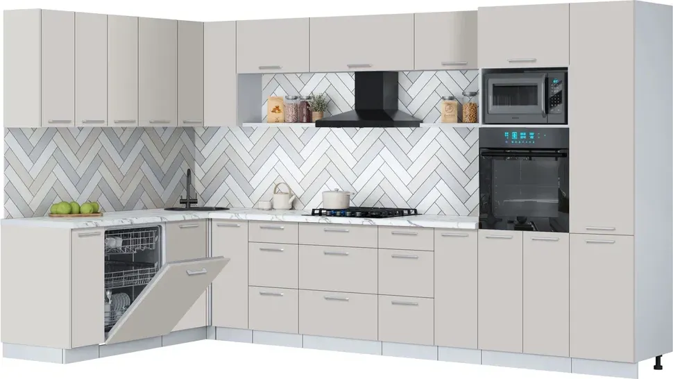 Кухонный гарнитур Interline Мила Gloss 1.896х3.58 (кашемир/кашемир/белый гранит)