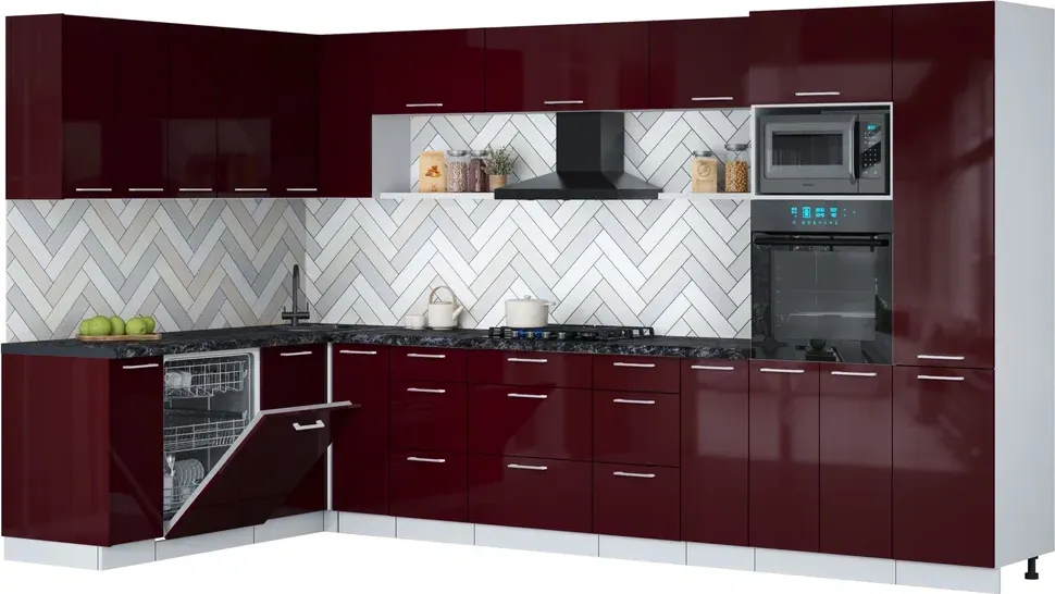 Кухонный гарнитур Interline Мила Gloss 1.896х3.58 (бордовый глянец/бордовый глянец/кастилло темный)