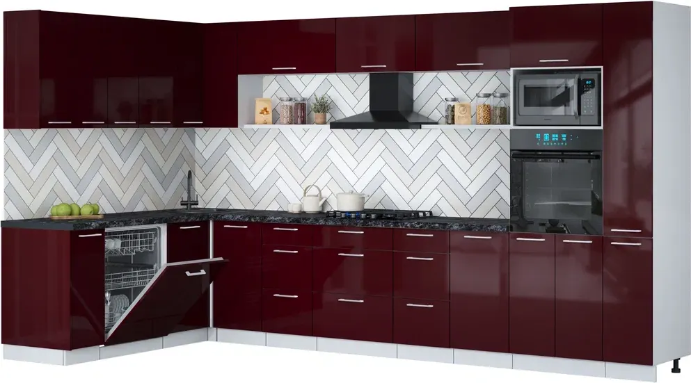 Кухонный гарнитур Interline Мила Gloss 1.896х3.68 (бордовый глянец/бордовый глянец/кастилло темный)