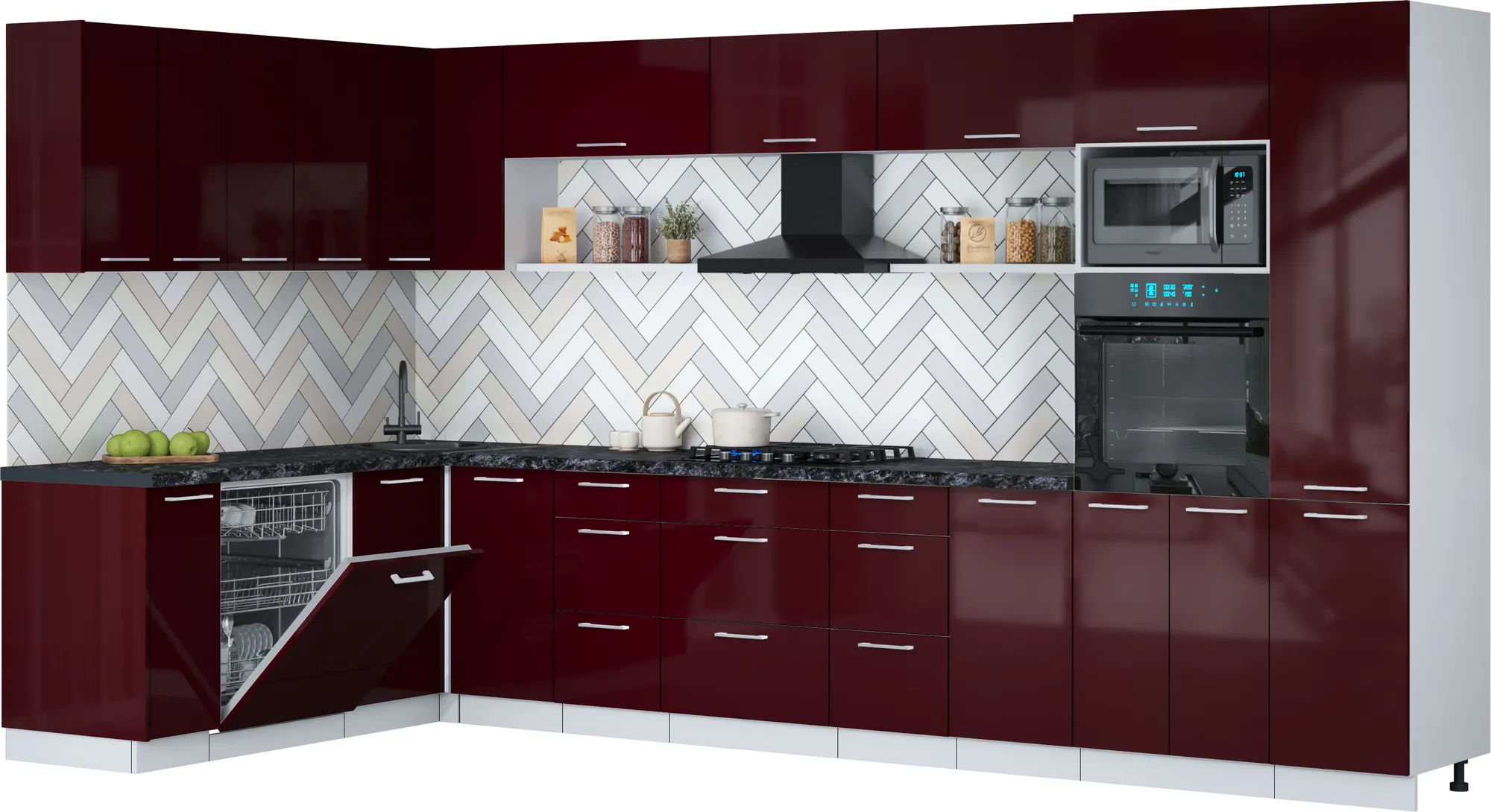 Кухонный гарнитур Interline Мила Gloss 1.896х3.78 (бордовый глянец/бордовый глянец/кастилло темный)