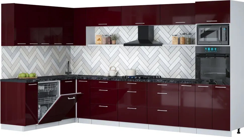 Кухонный гарнитур Interline Мила Gloss 1.896х3.58-2 (бордовый глянец/бордовый глянец/кастилло темный)