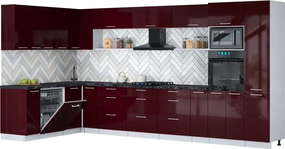 Кухонный гарнитур Interline Мила Gloss 1.896х3.98 (бордовый глянец/бордовый глянец/кастилло темный)