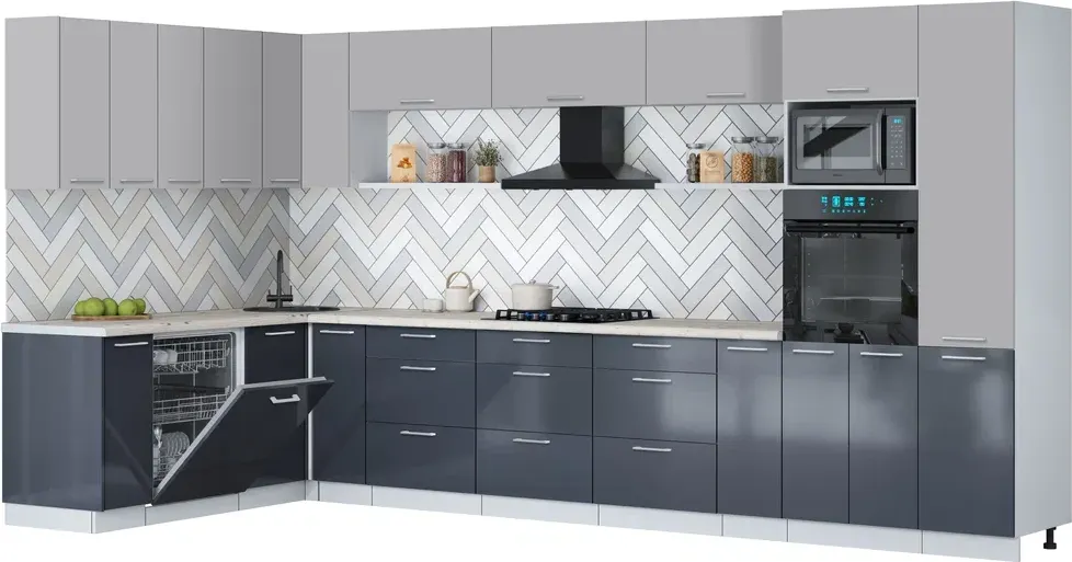 Кухонный гарнитур Interline Мила Gloss 1.896х3.98 (асфальт глянец/грей/бискайская сосна)