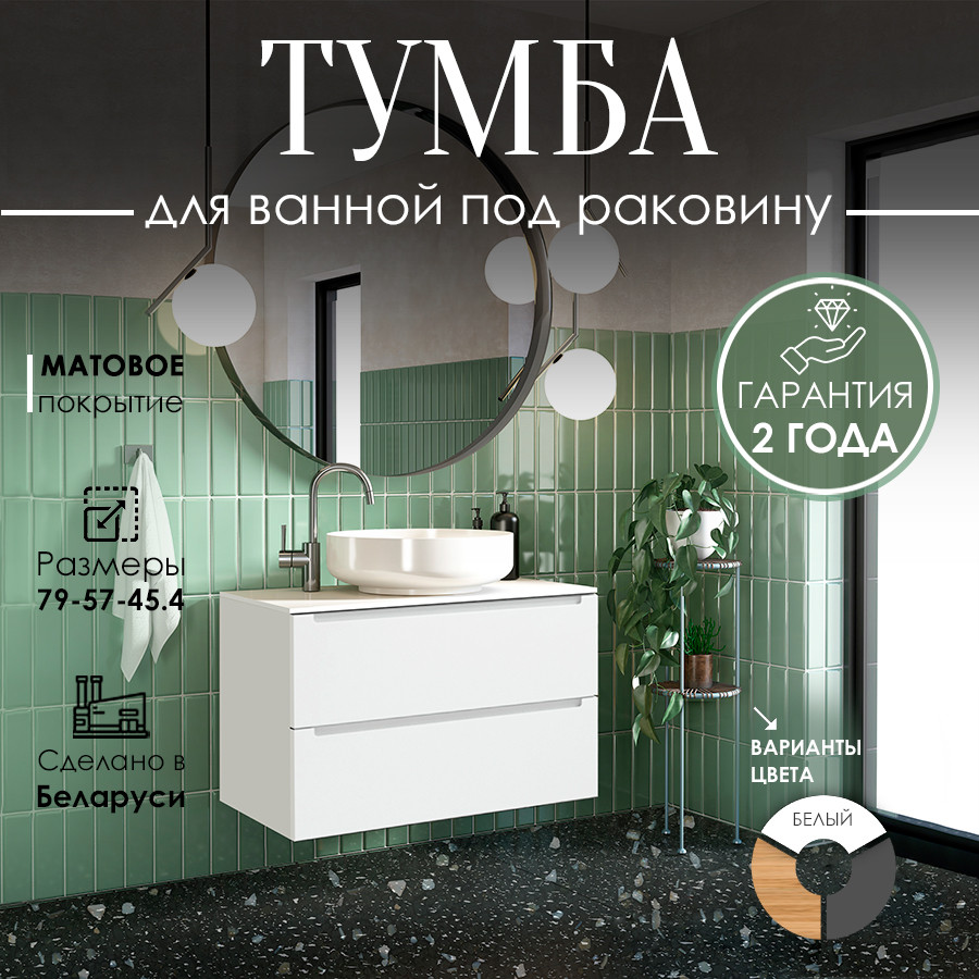 Тумба для ванной ЗОВ Дион 80 со столешницей T795C2 / D80LWP0M9003MKV5 (белый матовый) — фото 2