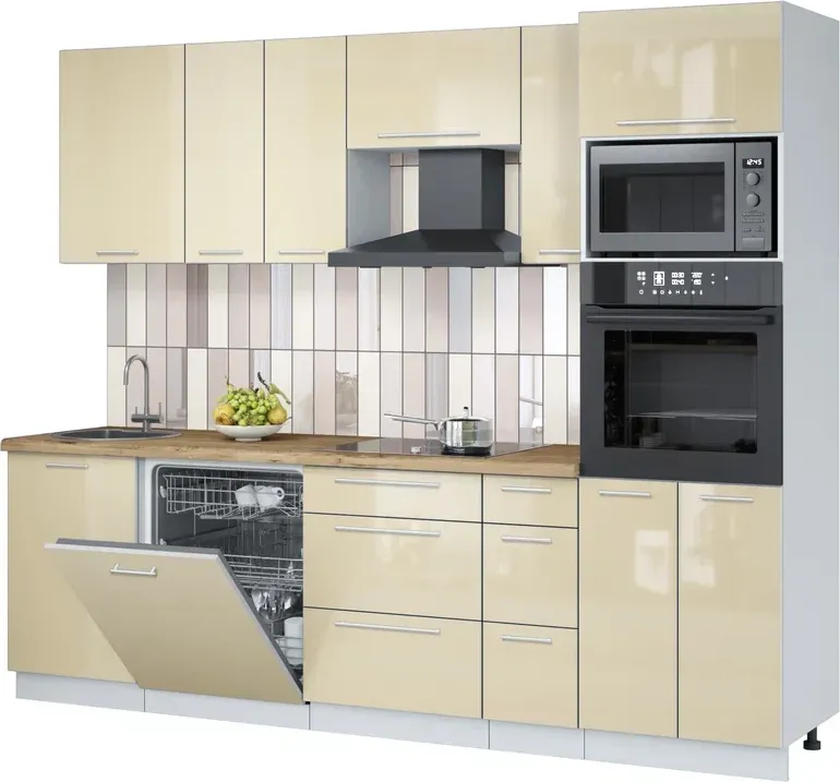 Кухонный гарнитур Interline Пластик 2.6-ПМ1 (ваниль глянец/ваниль глянец/дуб бунратти)
