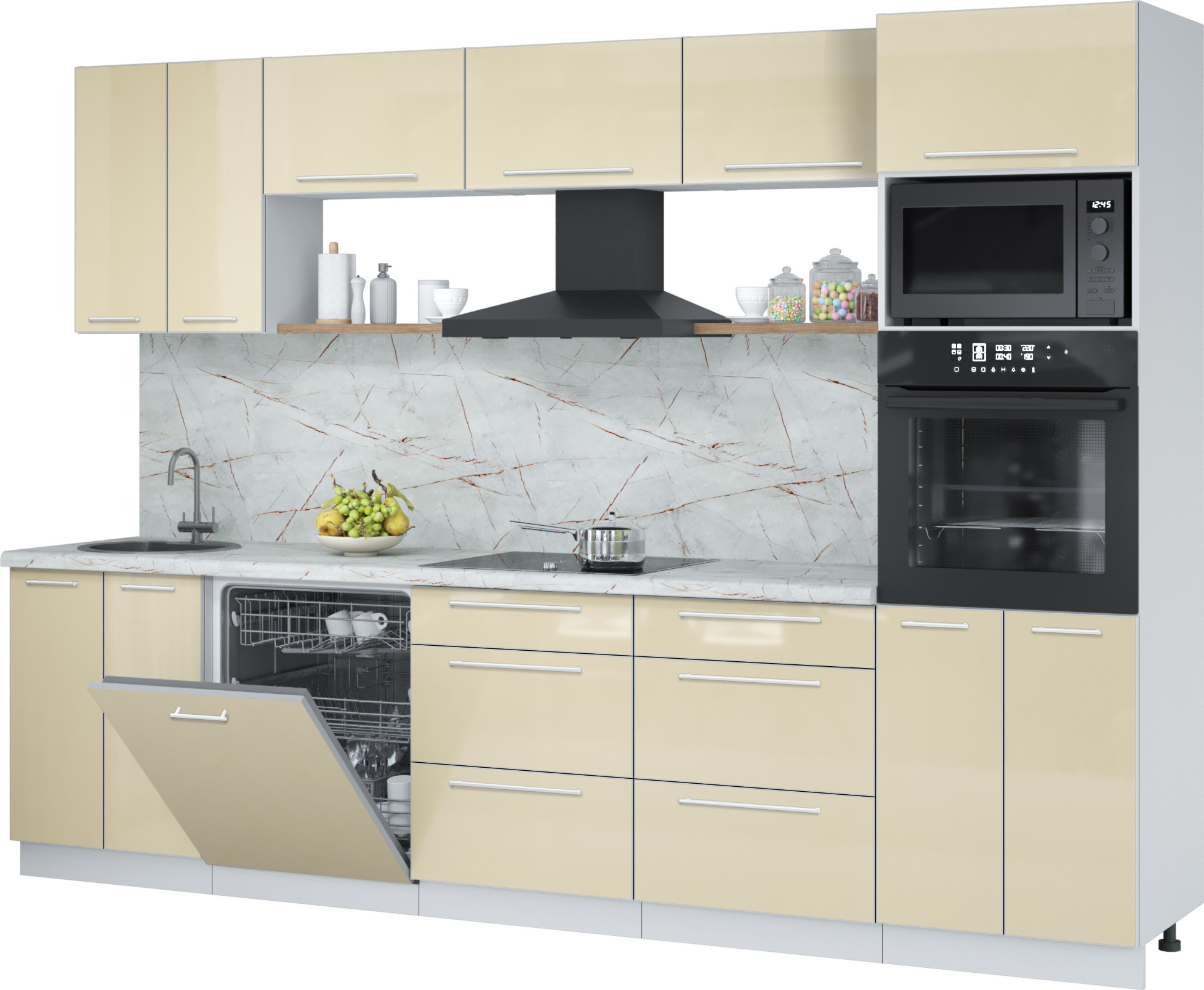 Кухонный гарнитур Interline Пластик 3.0-ПМ1 (ваниль глянец/ваниль глянец/серый каспий)