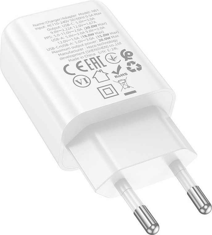 Адаптер питания сетевой Hoco N61 20Вт 3А QC3.0/PD 1xUSB 1xType-C (белый) — фото 3