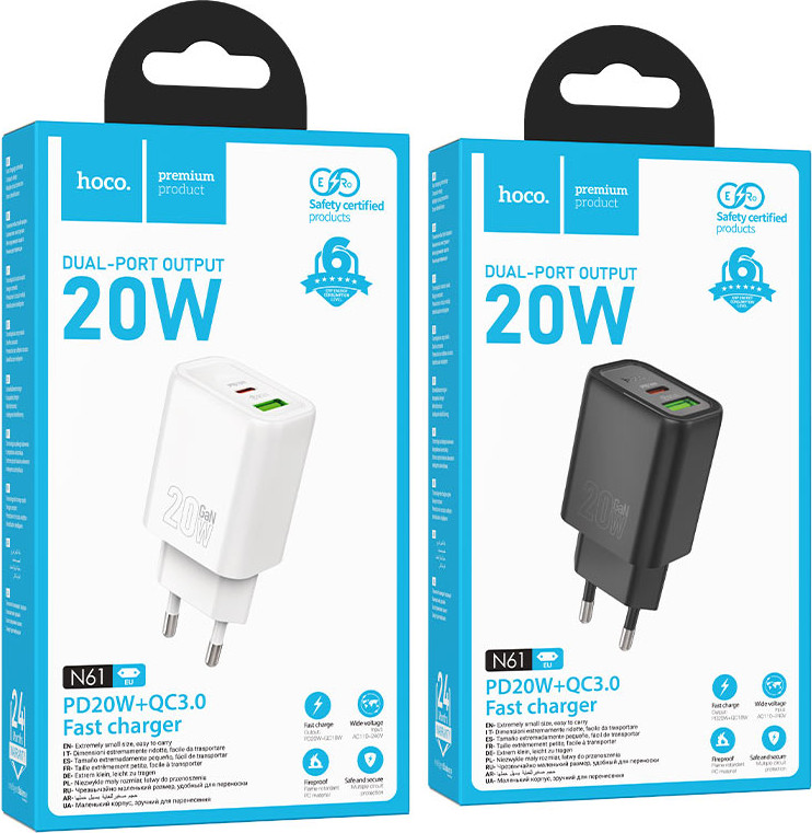 Адаптер питания сетевой Hoco N61 20Вт 3А QC3.0/PD 1xUSB 1xType-C (белый) — фото 6