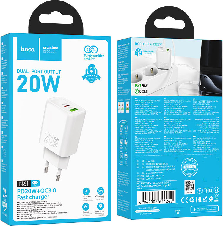 Адаптер питания сетевой Hoco N61 20Вт 3А QC3.0/PD 1xUSB 1xType-C (белый) — фото 5