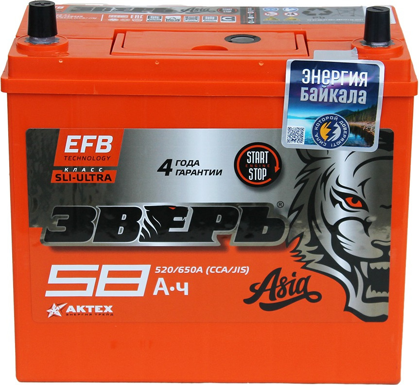 Автомобильный аккумулятор Зверь EFB Азия 6СТ-58 рус прямая L 520А / ZVEFBА 58-3-L (58 А/ч) — фото 2