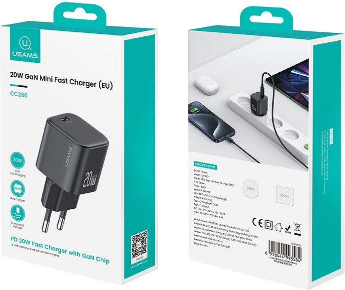 Адаптер питания сетевой Usams 20W GaN Mini Fast Charger / CC260TC01 (черный) — фото 3