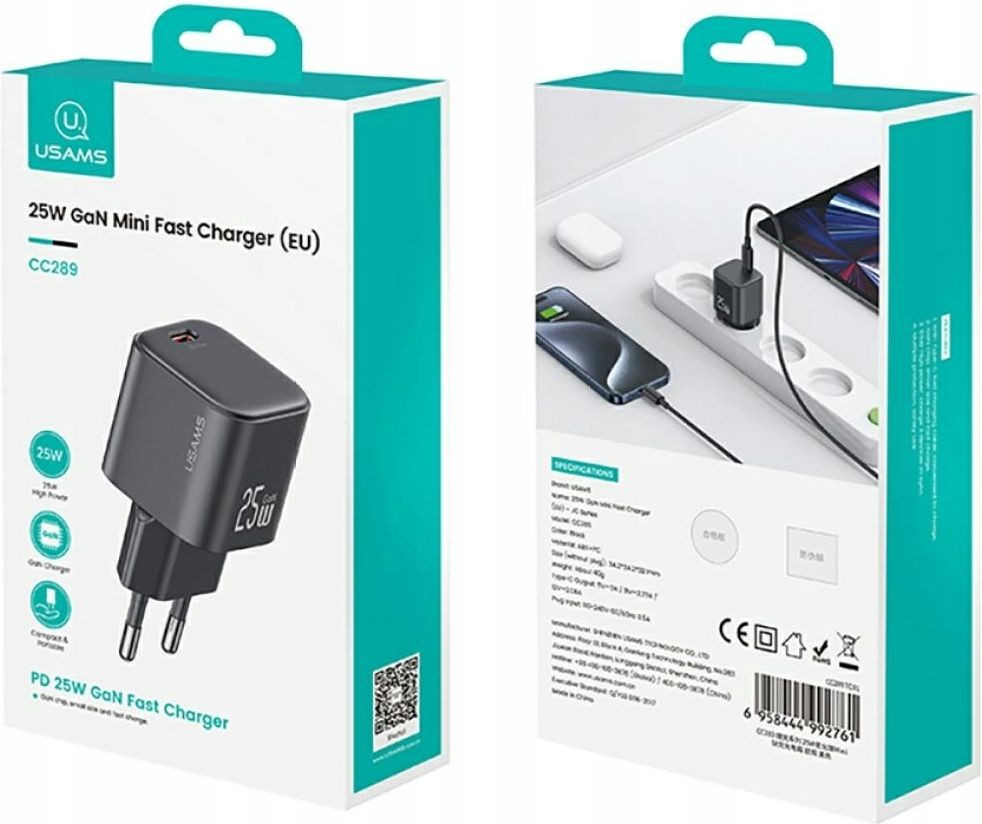 Адаптер питания сетевой Usams 25W GaN Mini Fast Charger / CC289TC01 (черный) — фото 2