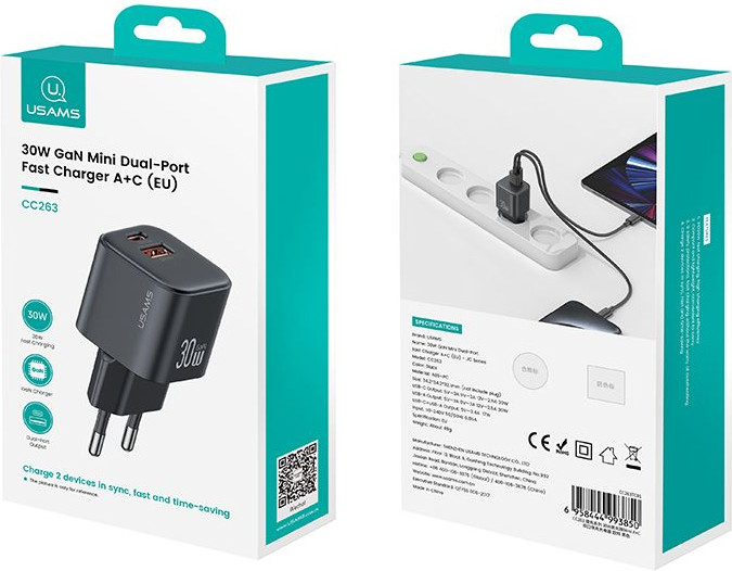 Адаптер питания сетевой Usams 30W GaN Mini Dual-Port Fast Charger A+C / CC263TC01 (черный) — фото 3