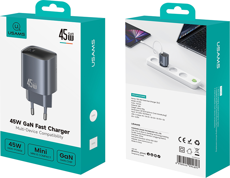 Адаптер питания сетевой Usams 45W GaN Fast Charger / CC323TC01 (серый) — фото 4