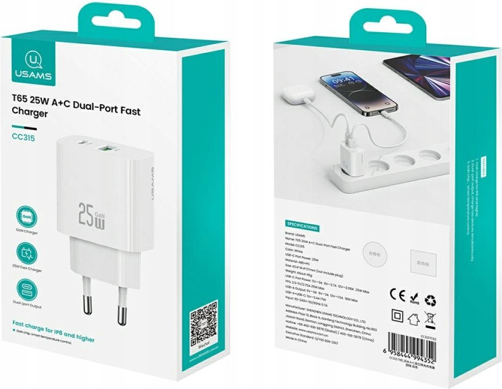 Адаптер питания сетевой Usams T65 25W A+C Dual-Port Fast Charger / CC315TC02 (белый) — фото 2