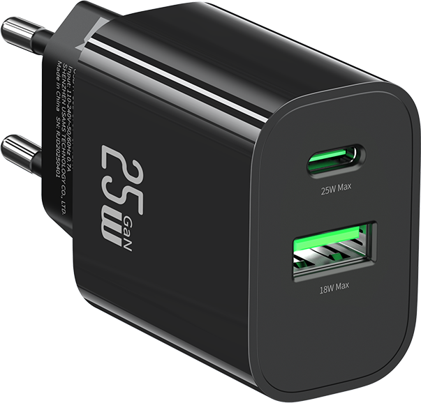 Адаптер питания сетевой Usams T65 25W A+C Dual-Port Fast Charger / CC315TC01 (черный)