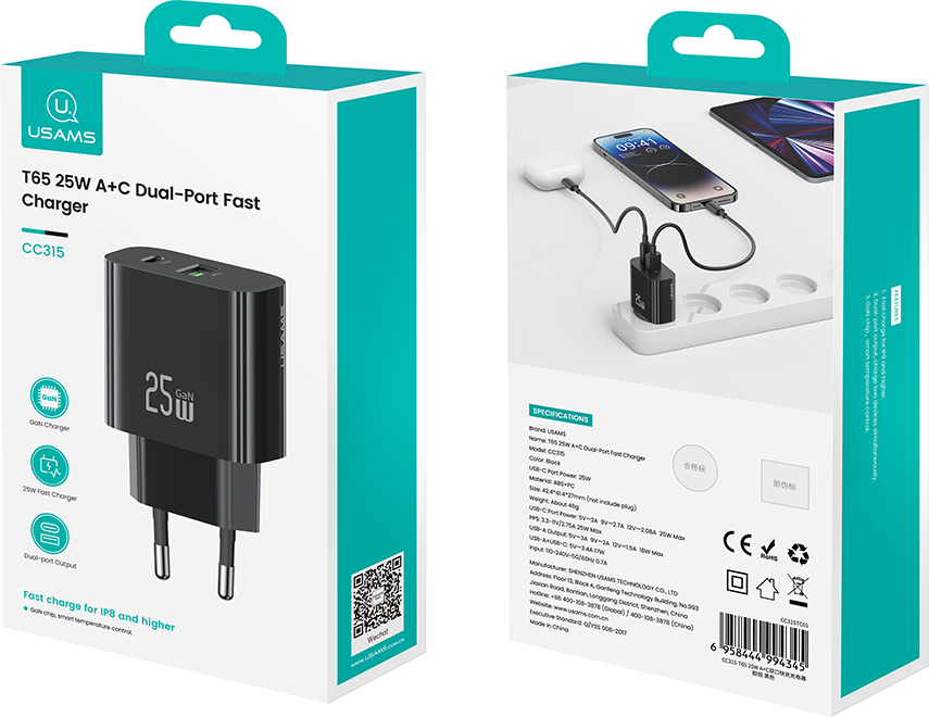 Адаптер питания сетевой Usams T65 25W A+C Dual-Port Fast Charger / CC315TC01 (черный) — фото 3