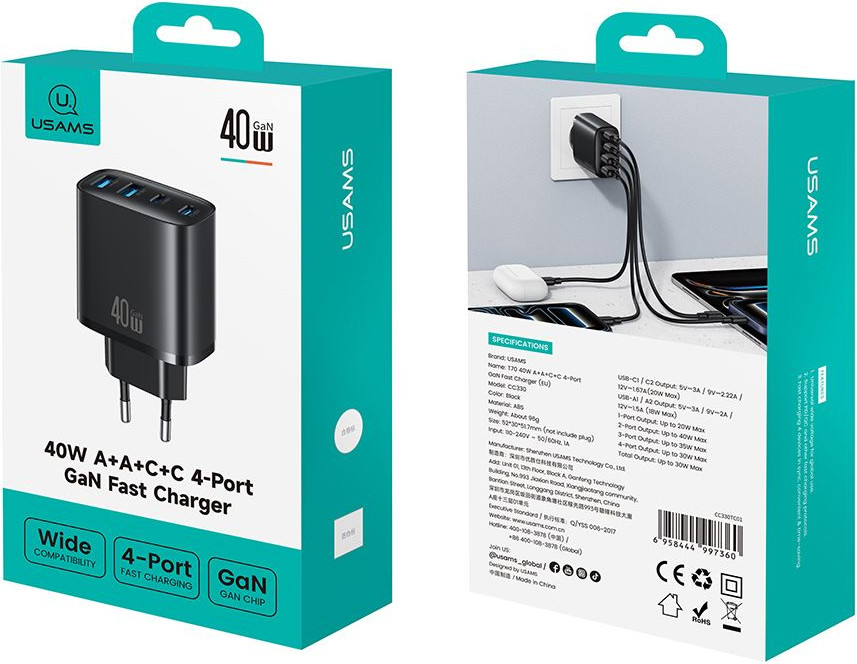 Адаптер питания сетевой Usams T70 40W A+A+C+C 4-Port GaN Fast Charger / CC330TC01 (черный) — фото 3