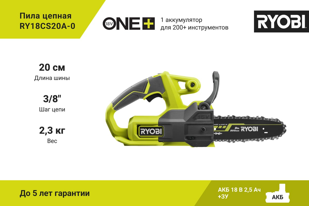 Пила цепная аккумуляторная Ryobi RY18CS20A-0 (5133005414) — фото 3