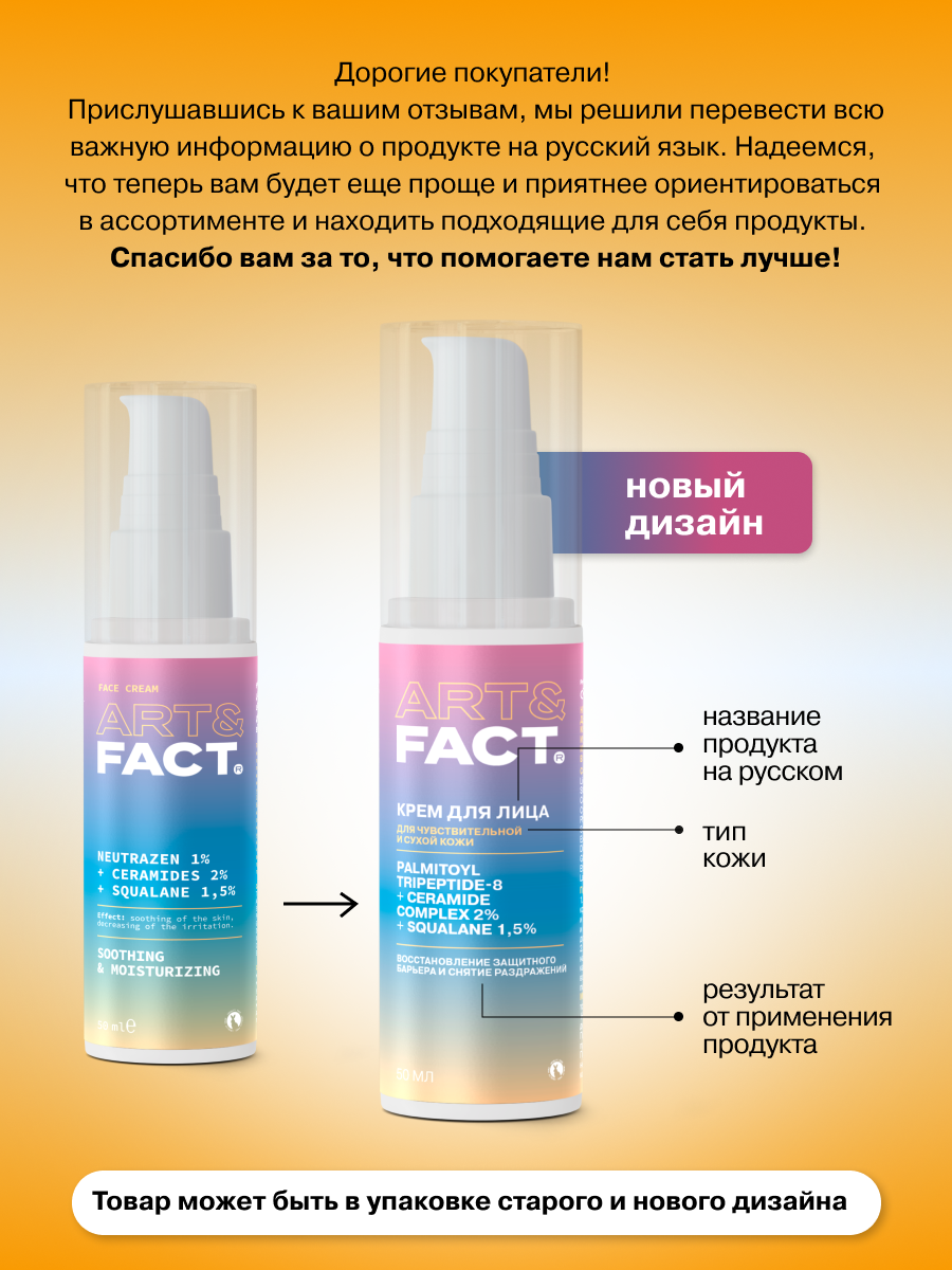 Крем для лица Art&Fact Нейро успокаивающий с нейропептидом, комплексом церамидов 2% (50мл) — фото 4