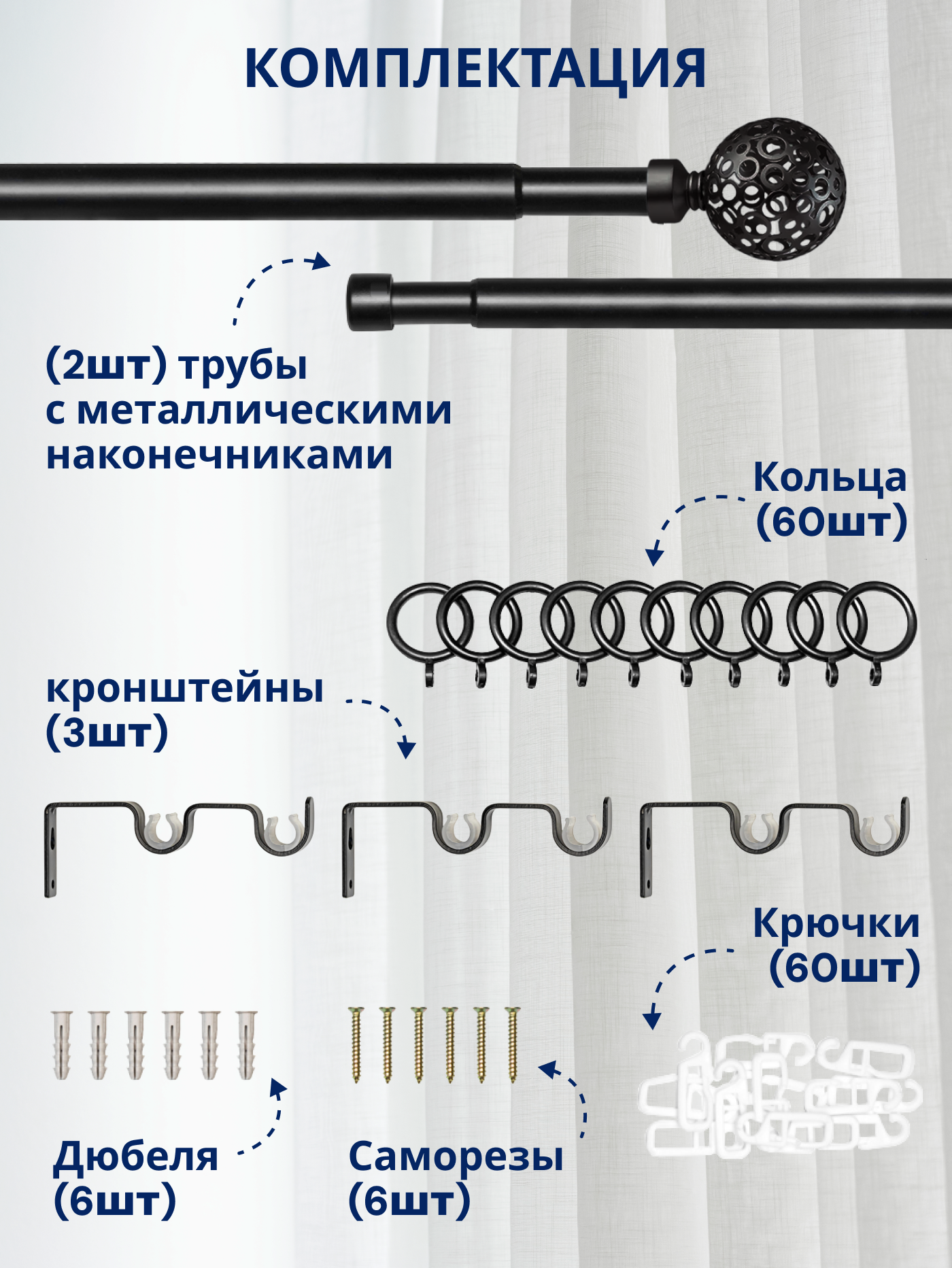 Карниз для штор Sundays Home Ажур Раздвижной 16/19мм 2-рядный (черный матовый, 1.6-3м) — фото 3